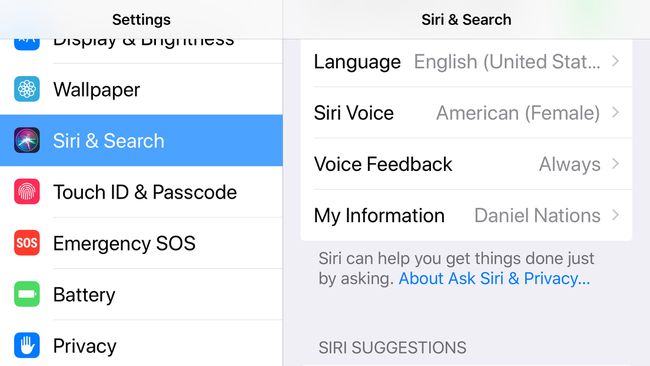 „Siri“ skirtos „iPhone“ kalbos nustatymų ekrano kopija