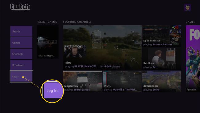 Xbox One용 Twitch 앱의 로그인 버튼