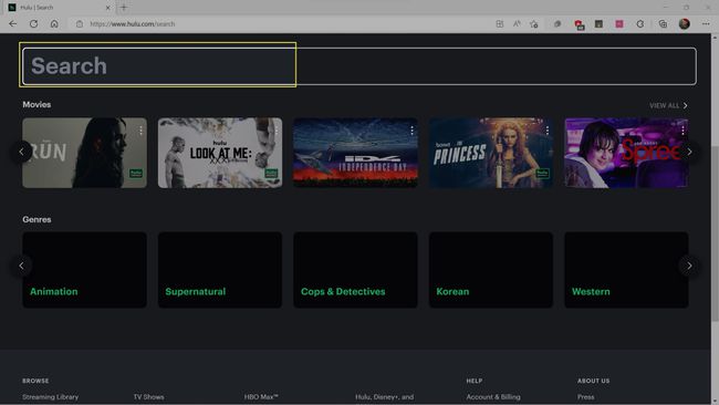 Câmpul de căutare evidențiat pe Hulu.