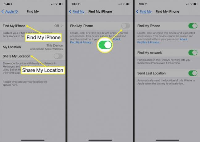 Configurações para ligar e configurar o Find My no iPhone