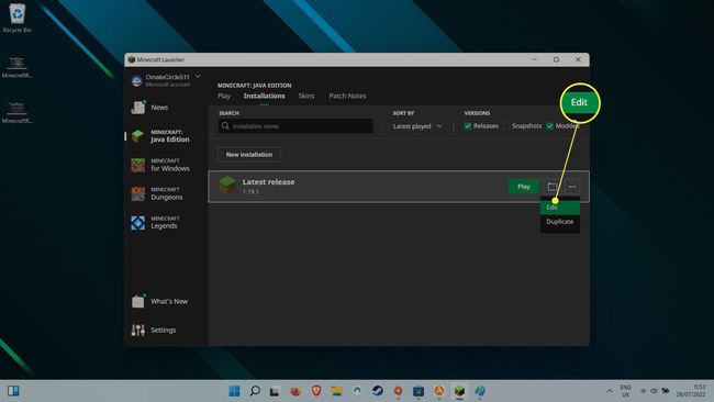 Velg Rediger på Minecraft-installasjonen i startprogrammet.